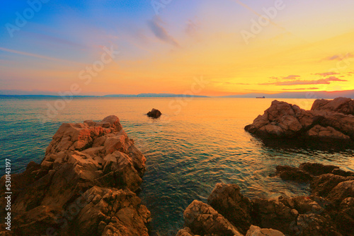 Croatia, Europe, Istria, pebble Kostrena beach near Rijeka and Lovran resort...  exclusive - this image is sold only on adobe stock photo