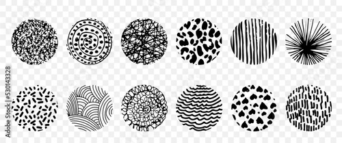 Hand drawn abstract circle sketch set. Vector circular scribble doodle. Backgrounds in the form of a circle of spots, lines, splashes, stripes and dots, on a transparent background