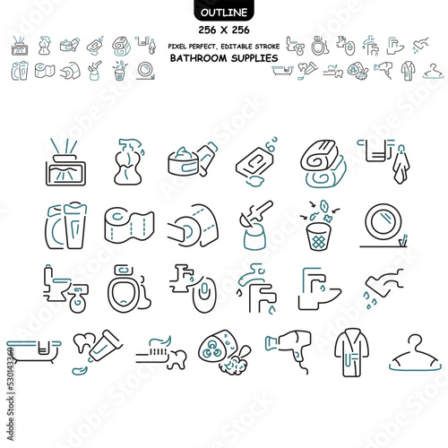 a set of linear icons of bathroom supplies, personal hygiene. lines of two colors. in the set: liquid soap, washcloth, shampoo, toilet brush and others. browser icons. 256x256 pixel perfect, editable 