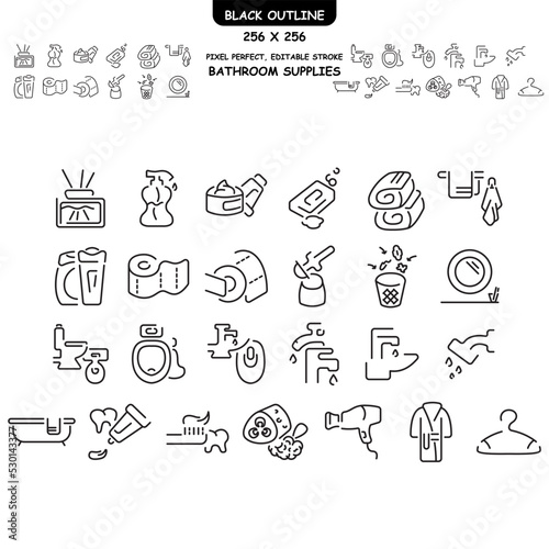 set of linear icons with black outline of bathroom accessories, personal hygiene. black outline. in the set: byide, urinal, body cream, soap and others. browser icons. 256x256 pixel perfect, editable  photo