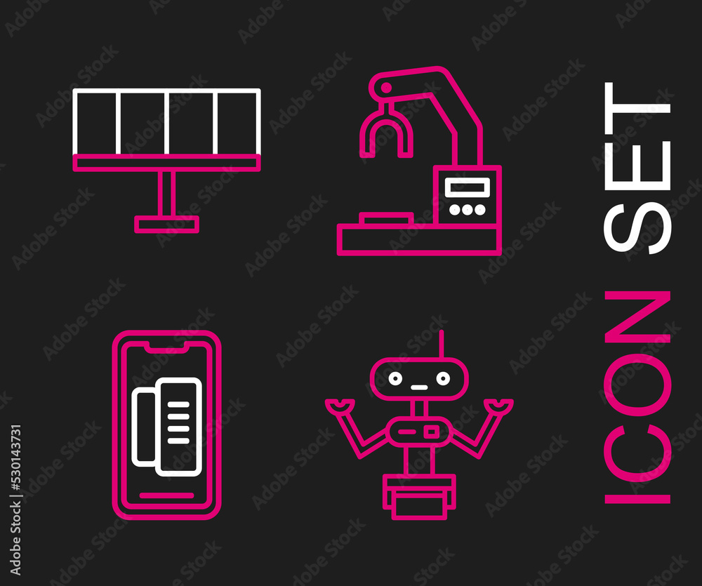 Set line Robot, Smartphone, mobile phone, Robotic robot arm hand factory and Solar energy panel icon. Vector