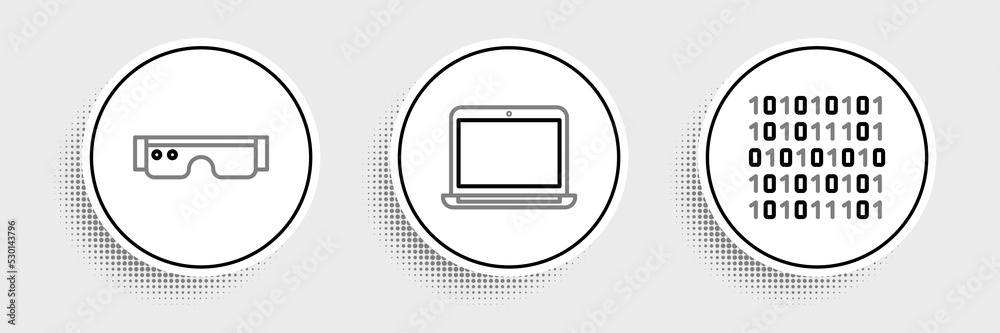 Set line Binary code, Smart glasses and Laptop icon. Vector
