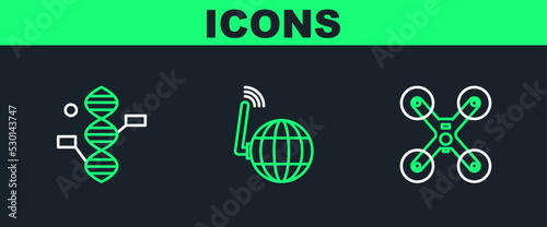 Set line Drone flying, DNA symbol and Social network icon. Vector