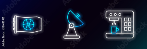 Set line Coffee machine, Video graphic card and Radar icon. Glowing neon. Vector