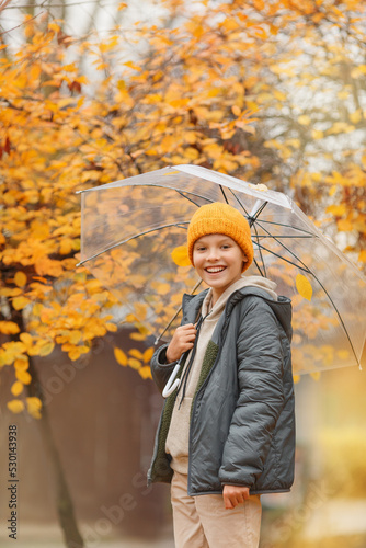Boy with a transparent umbrella in autumn day. Kid in yellow hat is smilling. Behind the back of the boy magnificent yellow tree. Close up portrait.
