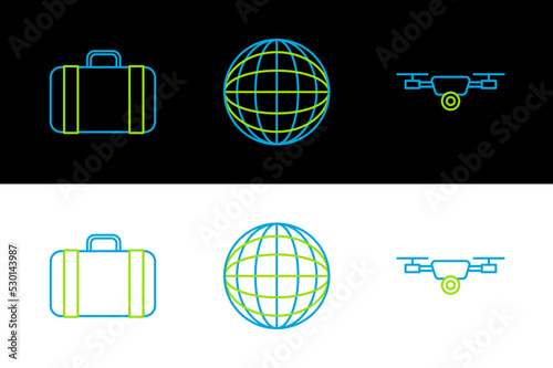 Set line Drone flying with action video camera, Suitcase for travel and Earth globe icon. Vector
