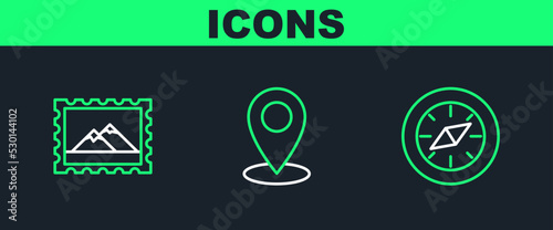 Set line Compass, Postal stamp and Mountains and Map pin icon. Vector