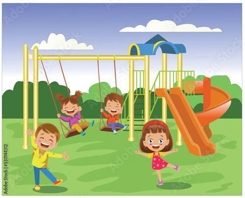 Happy Children Playing İn The Playground