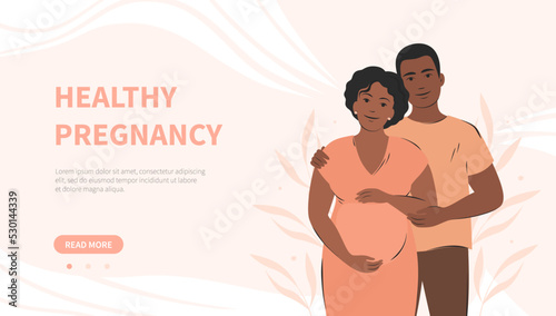 Banner about pregnancy. Pregnant woman, dark skinned future parents. Vector illustration.
