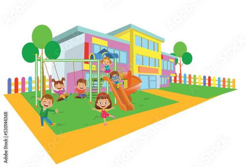 Happy Cute Kids Playing İn Playground İn Schoolyard