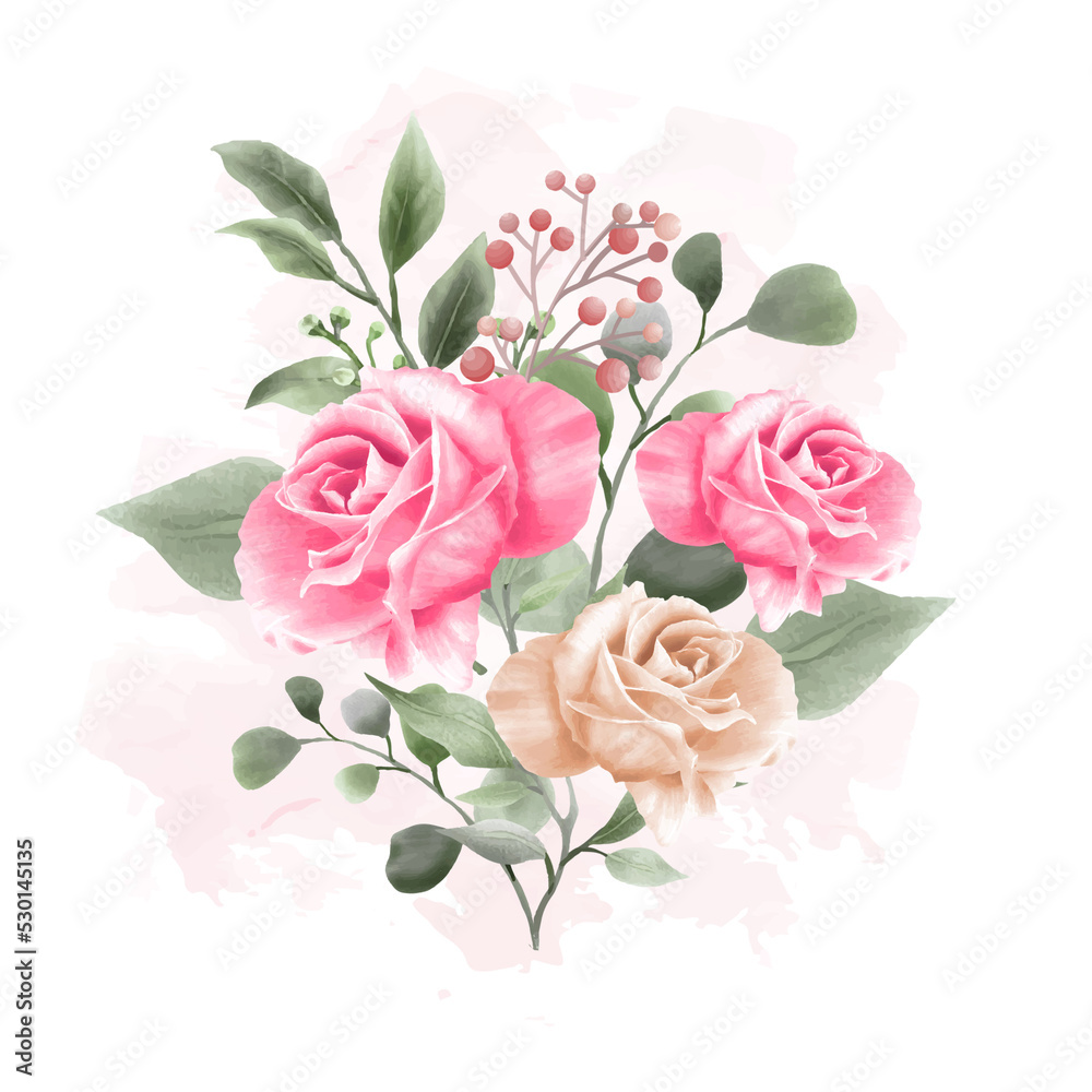 Set of watercolor floral frame bouquets of green and pink roses and leaves. Botanic decoration illustration for wedding card, fabric, and logo composition