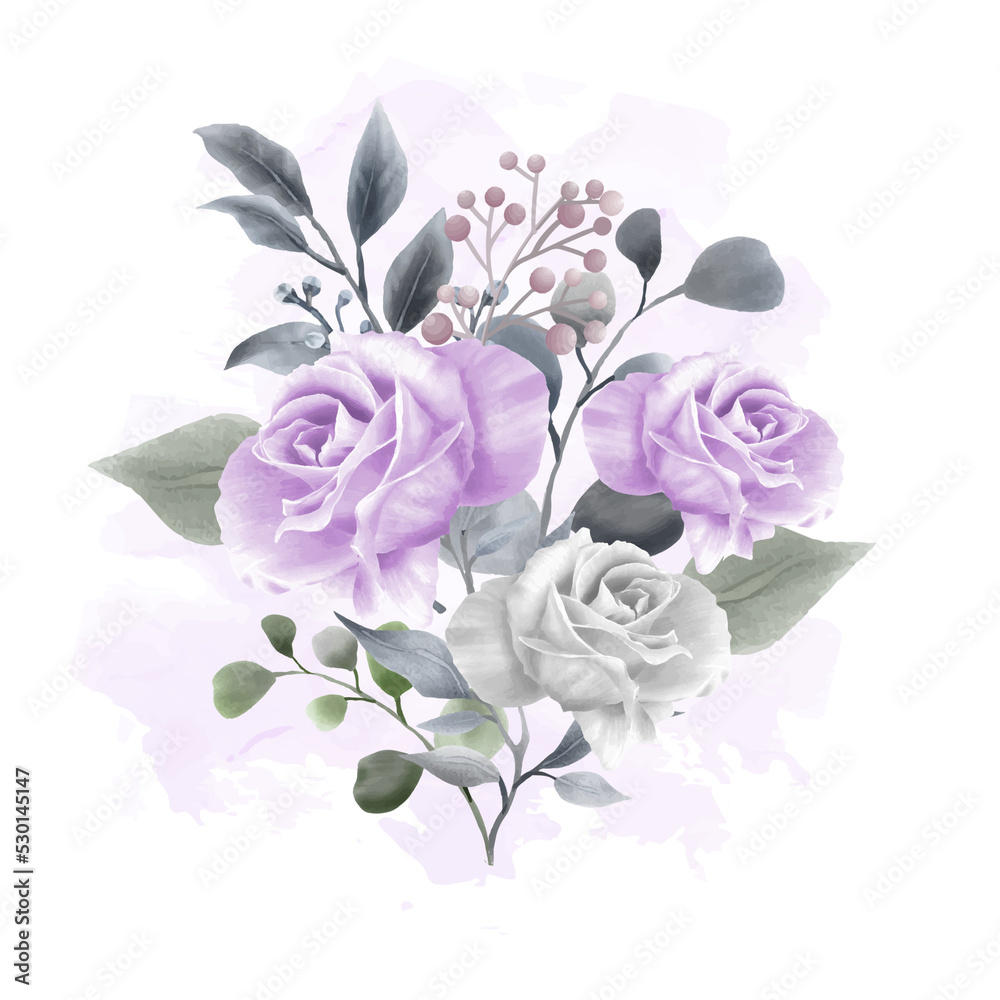 Set of watercolor floral frame bouquets of navy and purple roses and leaves. Botanic decoration illustration for wedding card, fabric, and logo composition