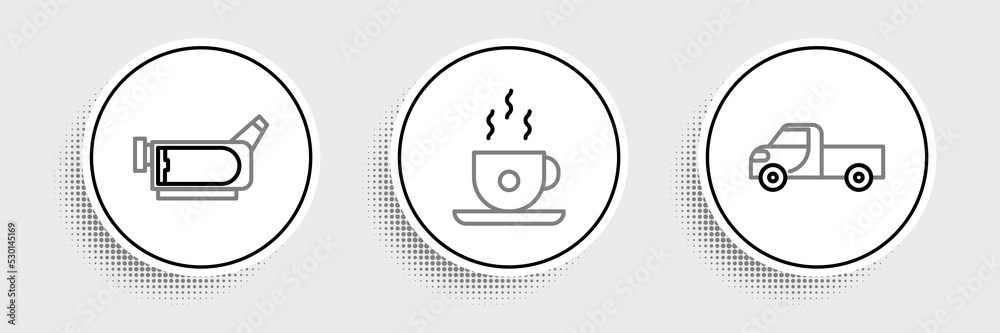 Set line Pickup truck, Cinema camera and Coffee cup icon. Vector Set line Pickup truck, Cinema camera and Coffee cup icon. Vector