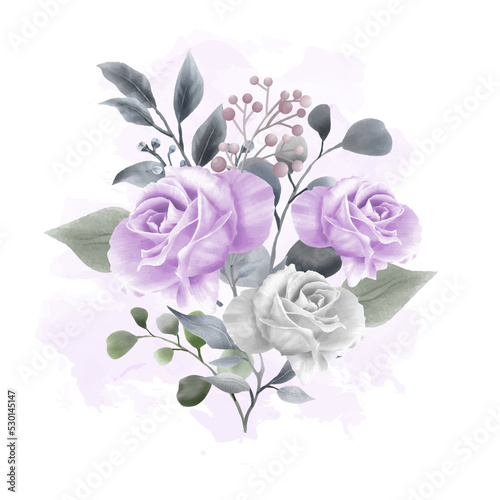 Set of watercolor floral frame bouquets of navy and purple roses and leaves. Botanic decoration illustration for wedding card  fabric  and logo composition