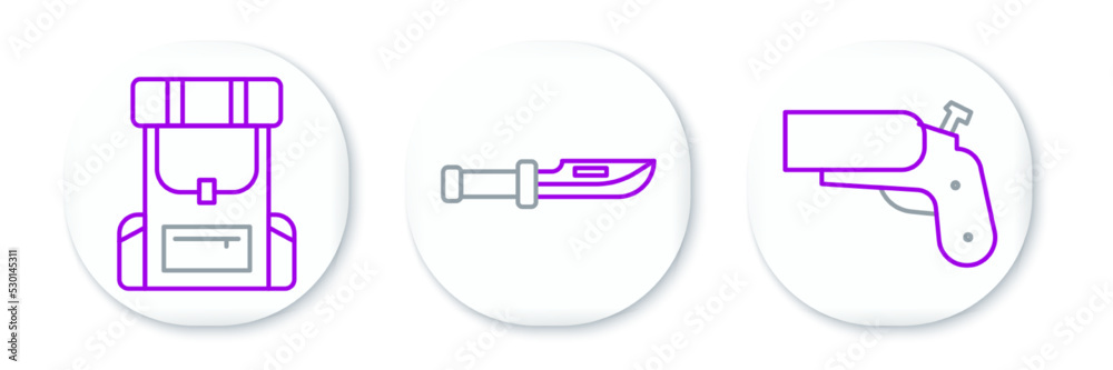 Set line Flare gun pistol, Hiking backpack and Camping knife icon. Vector Set line Flare gun pistol, Hiking backpack and Camping knife icon. Vector
