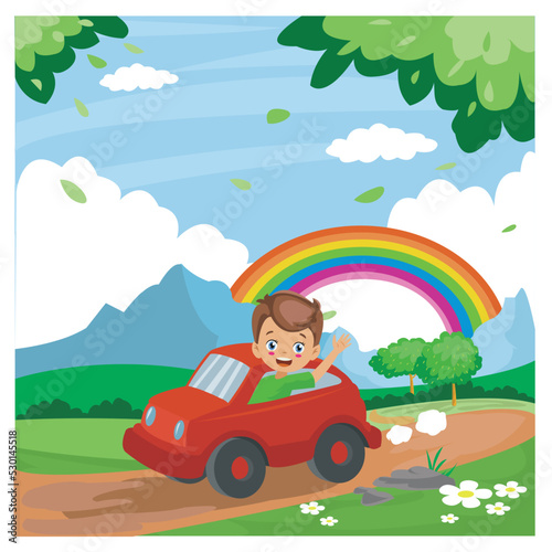 cute boy with red car in rainbow scenery