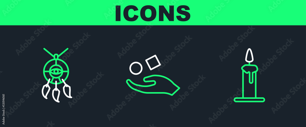 Set line Burning candle in candlestick, Dream catcher with feathers and Cube levitating above hand icon. Vector Set line Burning candle in candlestick, Dream catcher with feathers and Cube levitating above hand icon. Vector