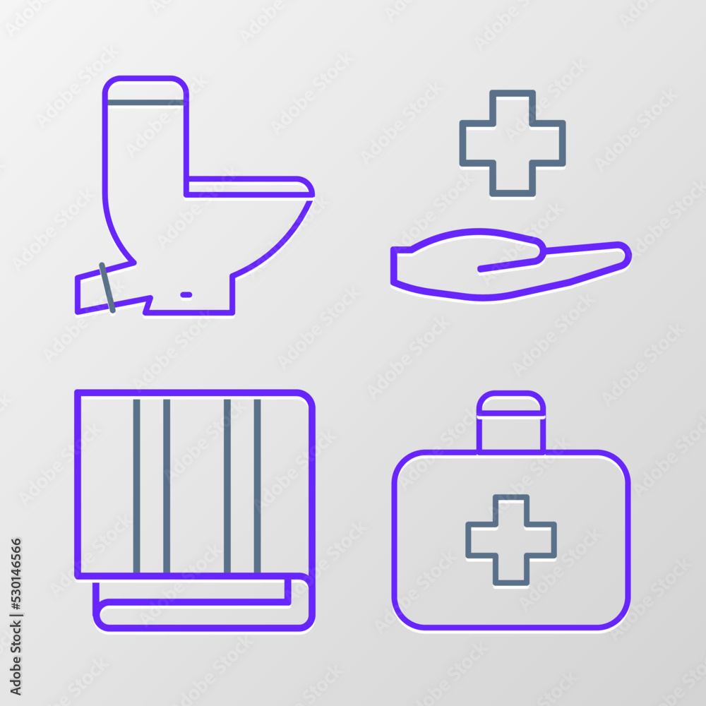 Set line First aid kit, Towel stack, Cross hospital medical and Toilet bowl icon. Vector Set line First aid kit, Towel stack, Cross hospital medical and Toilet bowl icon. Vector