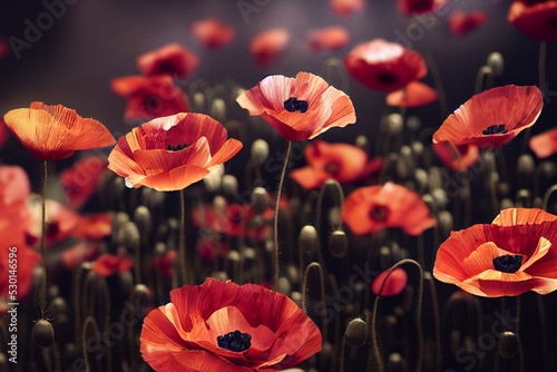 Poppy field. Remembrance day concept. Neural network generated art. Digitally generated image. Not based on any actual scene or pattern.