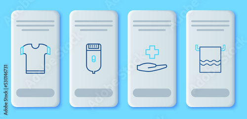 Set line Electrical hair clipper or shaver, Cross hospital medical, T-shirt and Towel on hanger icon. Vector