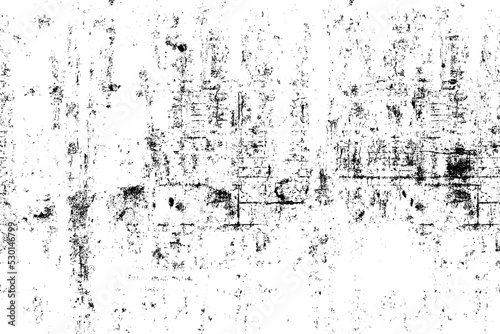Monochrome texture composed of irregular graphic elements. Distressed uneven grunge background. Abstract vector illustration. Overlay for interesting effect and depth. Isolated on white background.