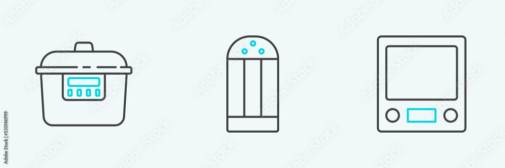 Set line Electronic scales, Slow cooker and Salt icon. Vector Set line Electronic scales, Slow cooker and Salt icon. Vector