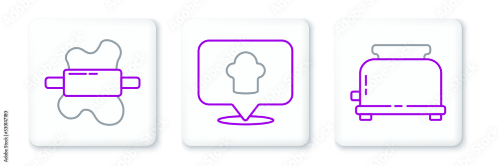 Set line Toaster, Rolling pin on dough and Chef hat with location icon. Vector Set line Toaster, Rolling pin on dough and Chef hat with location icon. Vector