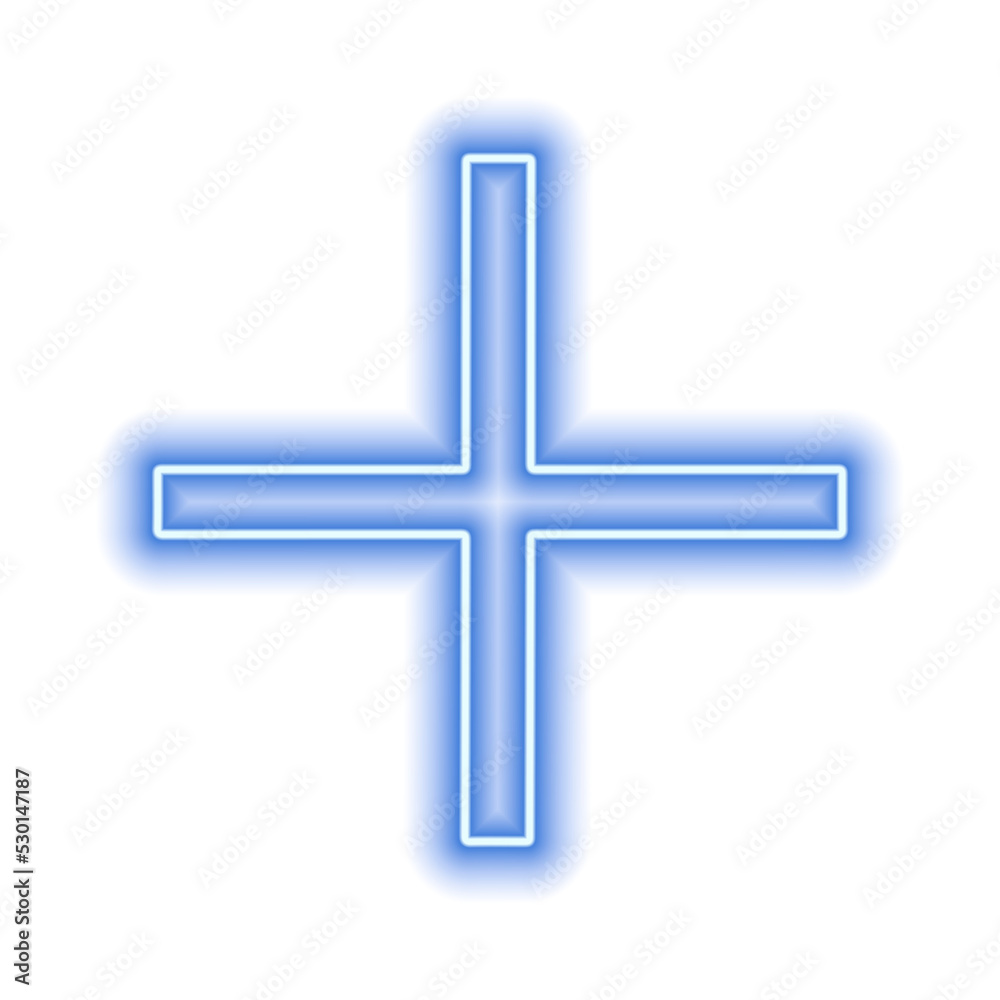 Blue neon cross isolated on white. One object. Plus sign Blue neon cross isolated on white. One object. Plus sign