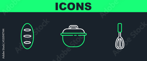 Set line Kitchen whisk, Bread loaf and Cooking pot icon. Vector