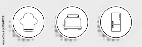 Set line Refrigerator, Chef hat and Toaster icon. Vector