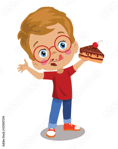 cute happy boy eating cherry chocolate cake