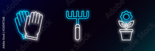 Set line Flower in pot, Garden gloves and rake icon. Glowing neon. Vector