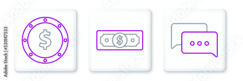 Set line Speech bubble chat, Coin money with dollar symbol and Stacks paper cash icon. Vector