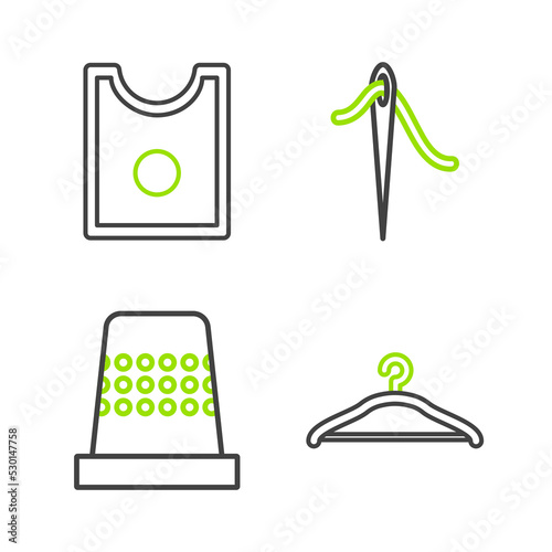 Set line Hanger wardrobe, Thimble for sewing, Needle with thread and Sewing Pattern icon. Vector