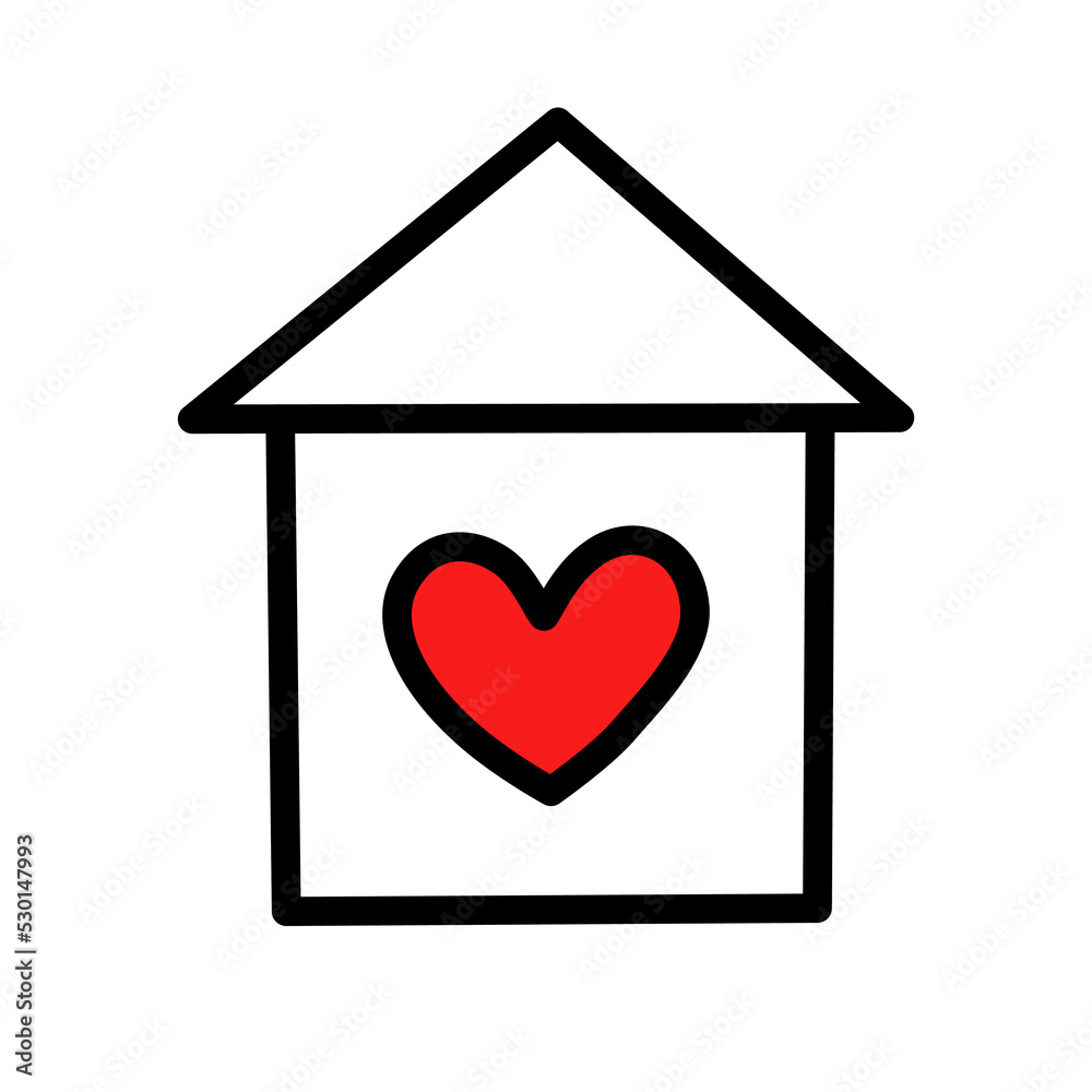 Vector Illustration of a House with a Heart. Sweet Home Print, Sticker, Logo, Icon, Sketch, Doodle. Isolated on a white background. Romantic print for valentine's day.