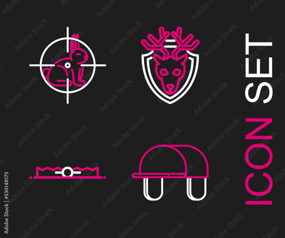 Set line Hunter hat, Trap hunting, Deer head with antlers on shield and rabbit crosshairs icon. Vector