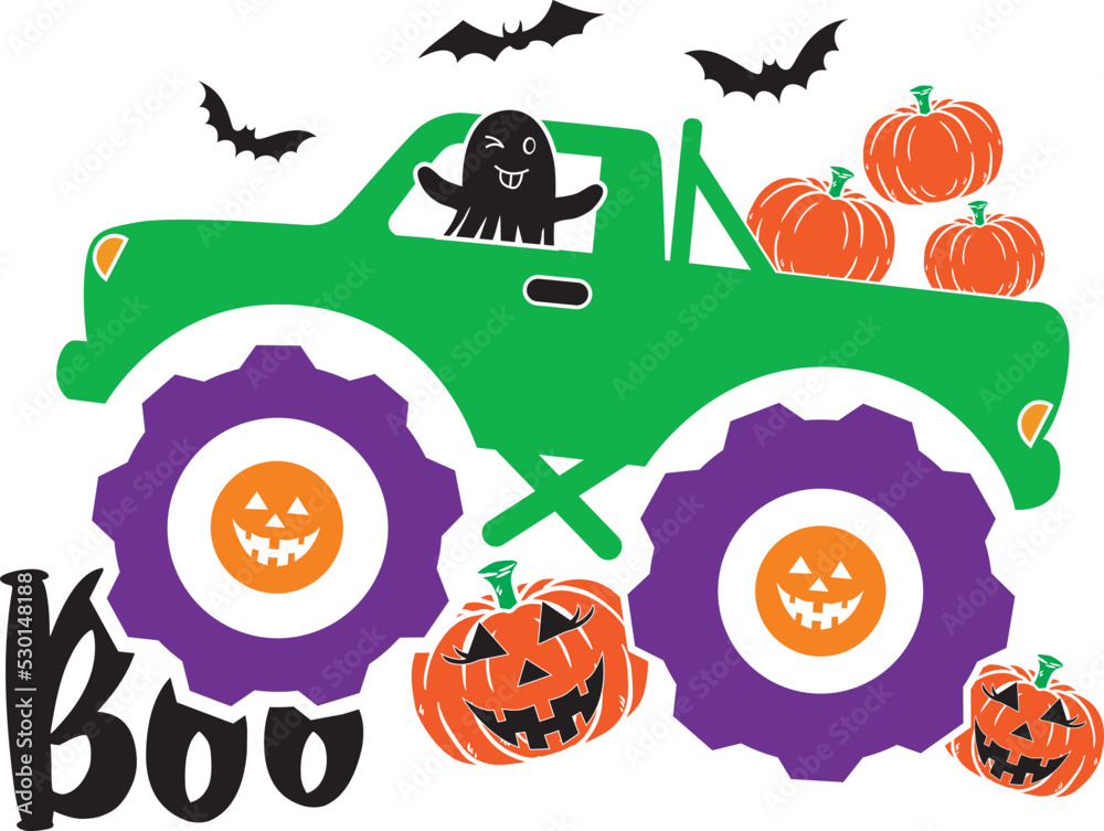 Obraz premium Pumpkin Boo Monster Truck, Halloween Truck, Happy Halloween, Vector Illustration File