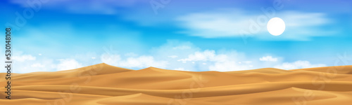 Desert landscape with golden sand dunes with fluffy clouds blue sky. Vector cartoon hot dry deserted. Horizon beautiful nature background with yellow sandy hills parallax scene in hot sunny day summer © Anchalee