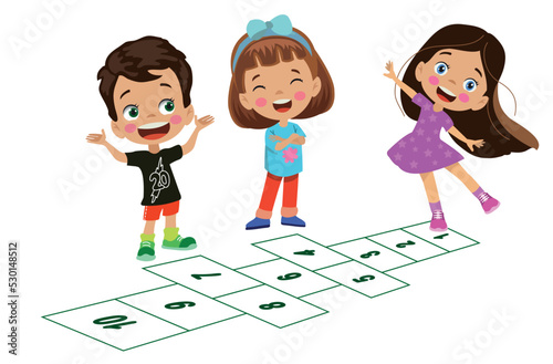 cute happy kids playing hopscotch