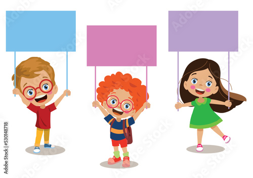 cute happy energetic students holding banner text here
