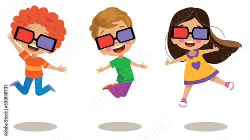 cute and happy little kids with cinema glasses