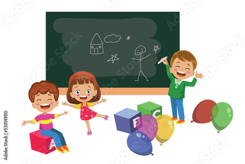 school classroom wooden balloon and happy students