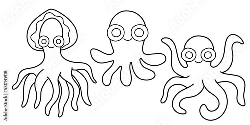 Three hand-drawn linear octopuses isolated on white vector illustration. Funny marine animals coloring page for toddlers printable page. Horizontal set with cute line art cartoon devilfishes