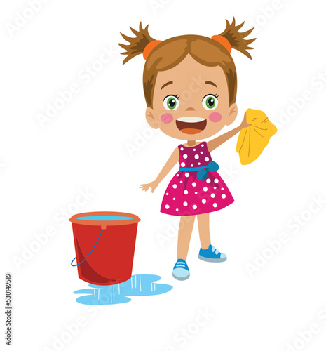 Cute Little Girl Cleaning With Cloth
