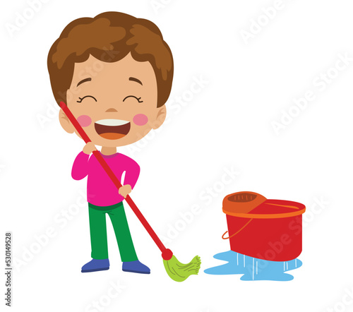 Mop Cleaning Boy Cartoon Drawing