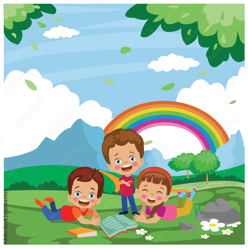 Happy Kids Studying Reading Book Lying Down İn The Forest İn The Countryside Happy Kids Studying Reading Book Lying Down İn The Forest İn The Countryside