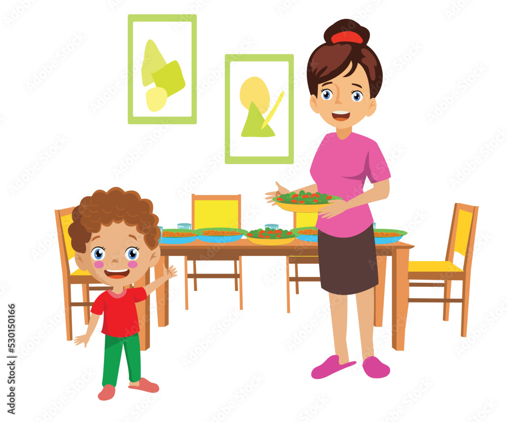 mother and child preparing dinner table for dinner