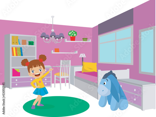 beautiful girl tidying and cleaning her bedroom