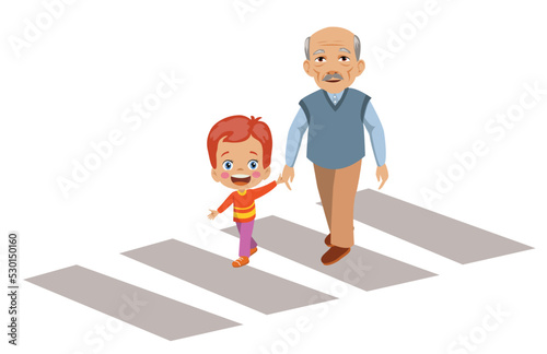 Helpful Boy Helping Old Uncle Crossing The Street