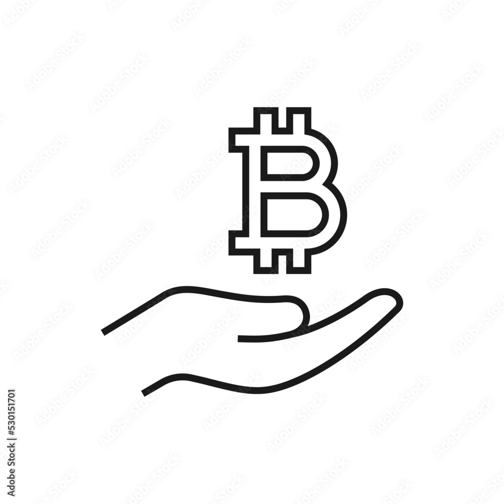 Bitcoin currency sign on hand line icon isolated on white background. Vector illustration Bitcoin currency sign on hand line icon isolated on white background. Vector illustration